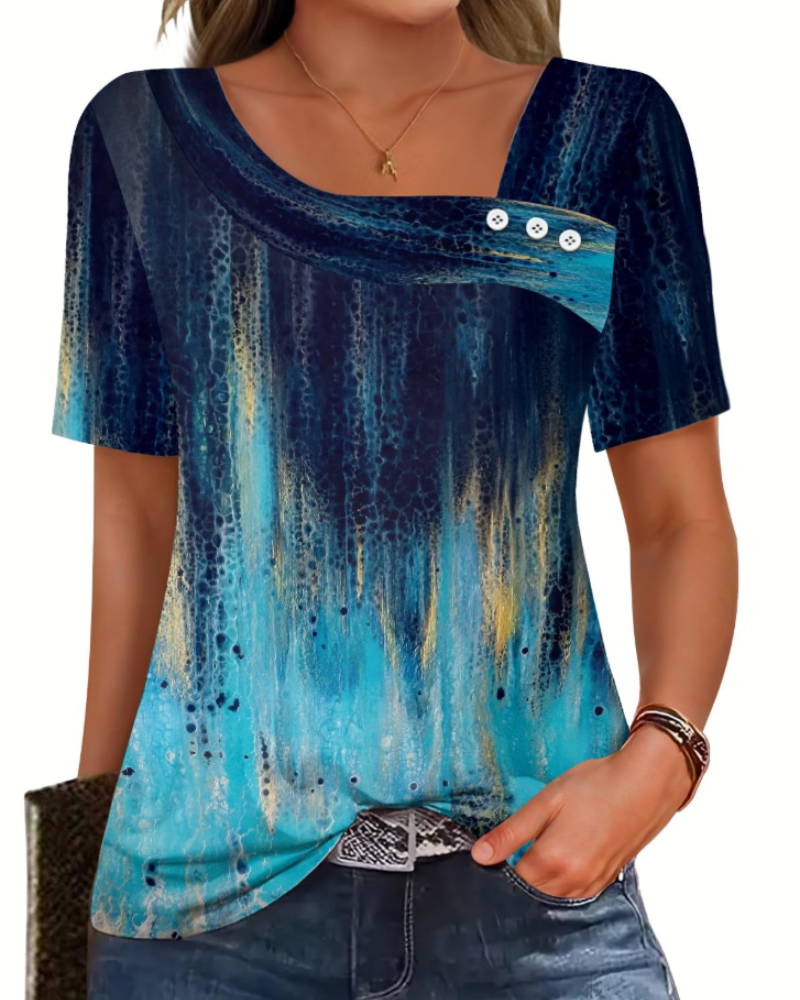 Mirea Top Femme – Bluse med Asymmetrisk Kvadratisk Krave og Knapper, Elegant Flydende Pasform til Sommer