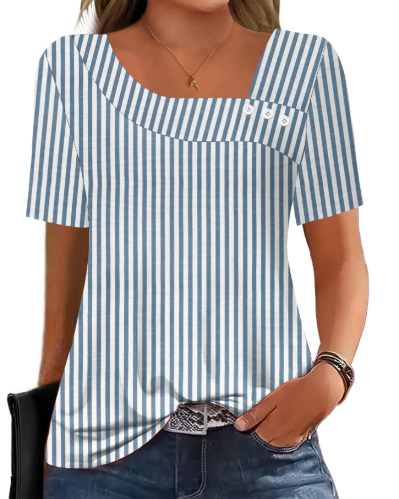 Mirea Top Femme – Bluse med Asymmetrisk Kvadratisk Krave og Knapper, Elegant Flydende Pasform til Sommer
