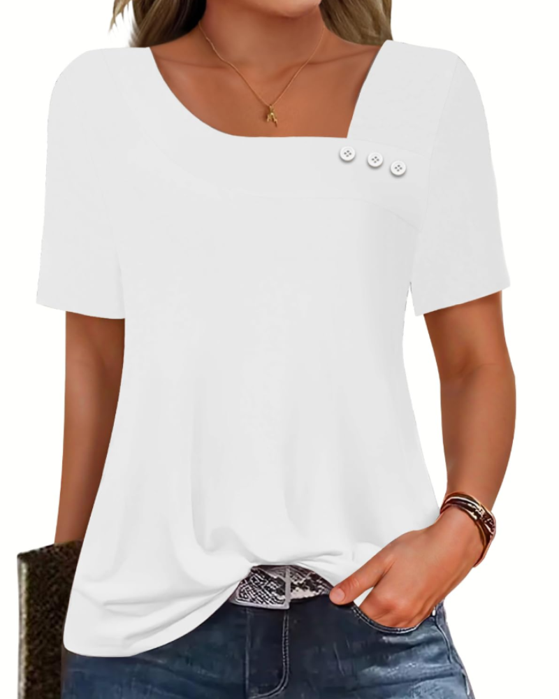 Mirea Top Femme – Bluse med Asymmetrisk Kvadratisk Krave og Knapper, Elegant Flydende Pasform til Sommer
