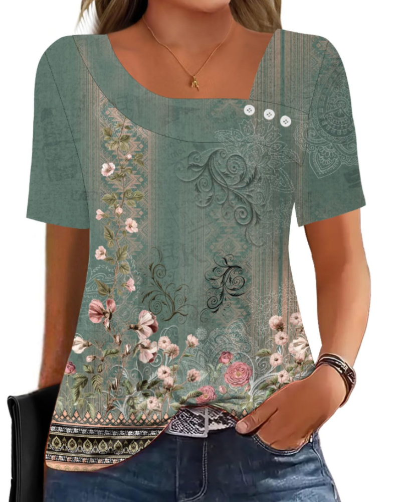 Mirea Top Femme – Bluse med Asymmetrisk Kvadratisk Krave og Knapper, Elegant Flydende Pasform til Sommer