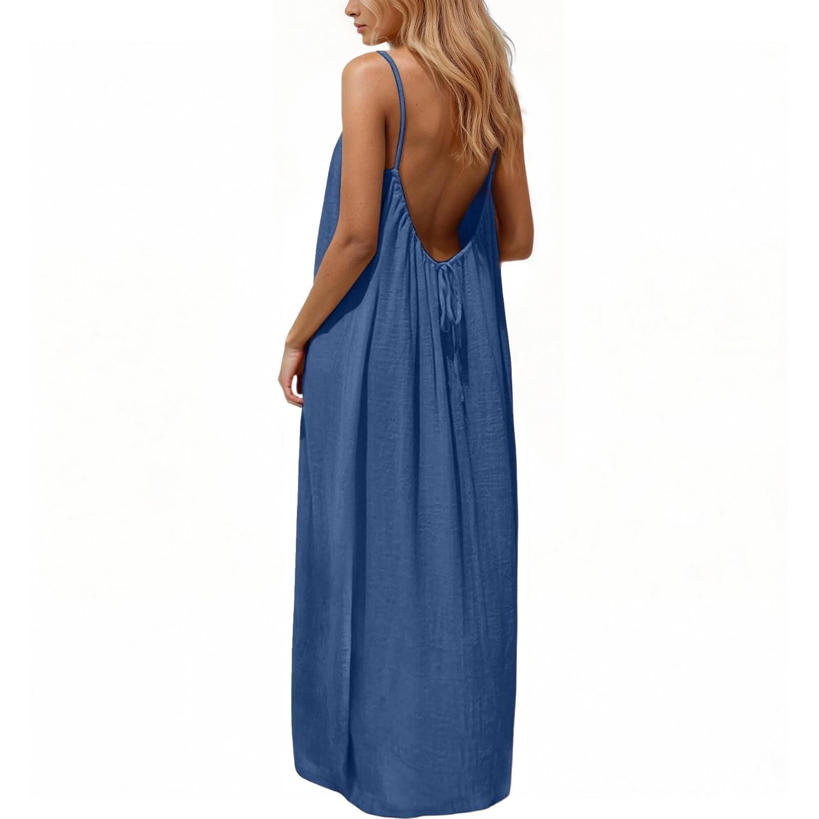 Rowena Maxi Dress for Women – Backless, Adjustable Straps & Fluid A-Line Cut Solid Summer