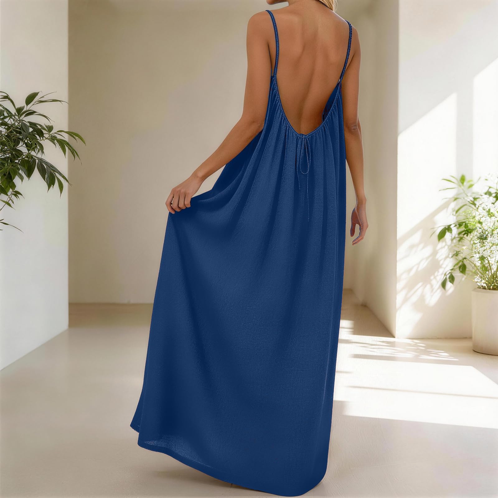 Rowena Maxi Dress for Women – Backless, Adjustable Straps & Fluid A-Line Cut Solid Summer