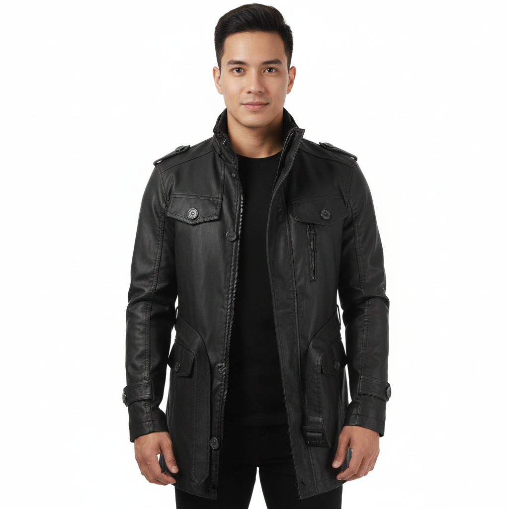 Nio Abrigo Largo Hombre en Cuero – Doble Botonadura Vintage, Elegante y Caliente