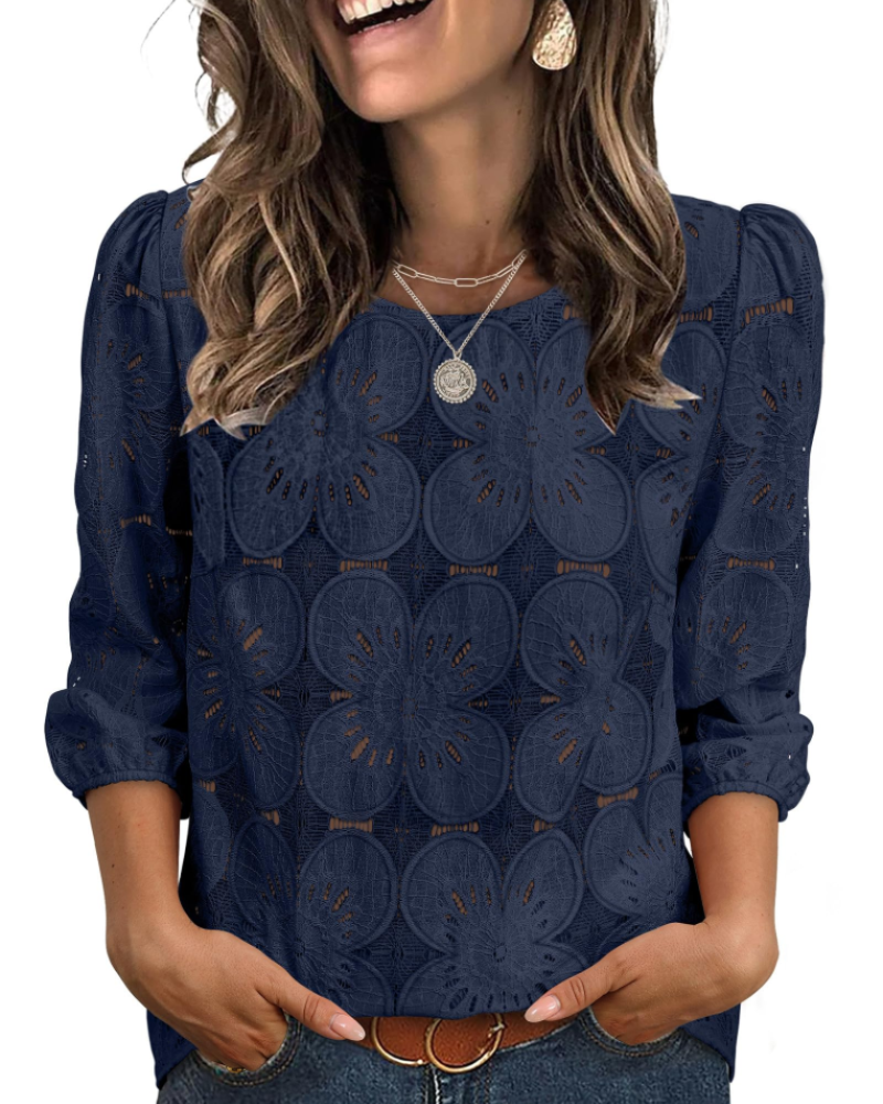 Nolia blúzka pre ženy – top s dierkovaným vzorom a objemnými 3/4 rukávmi, elegantný casual chic štýl