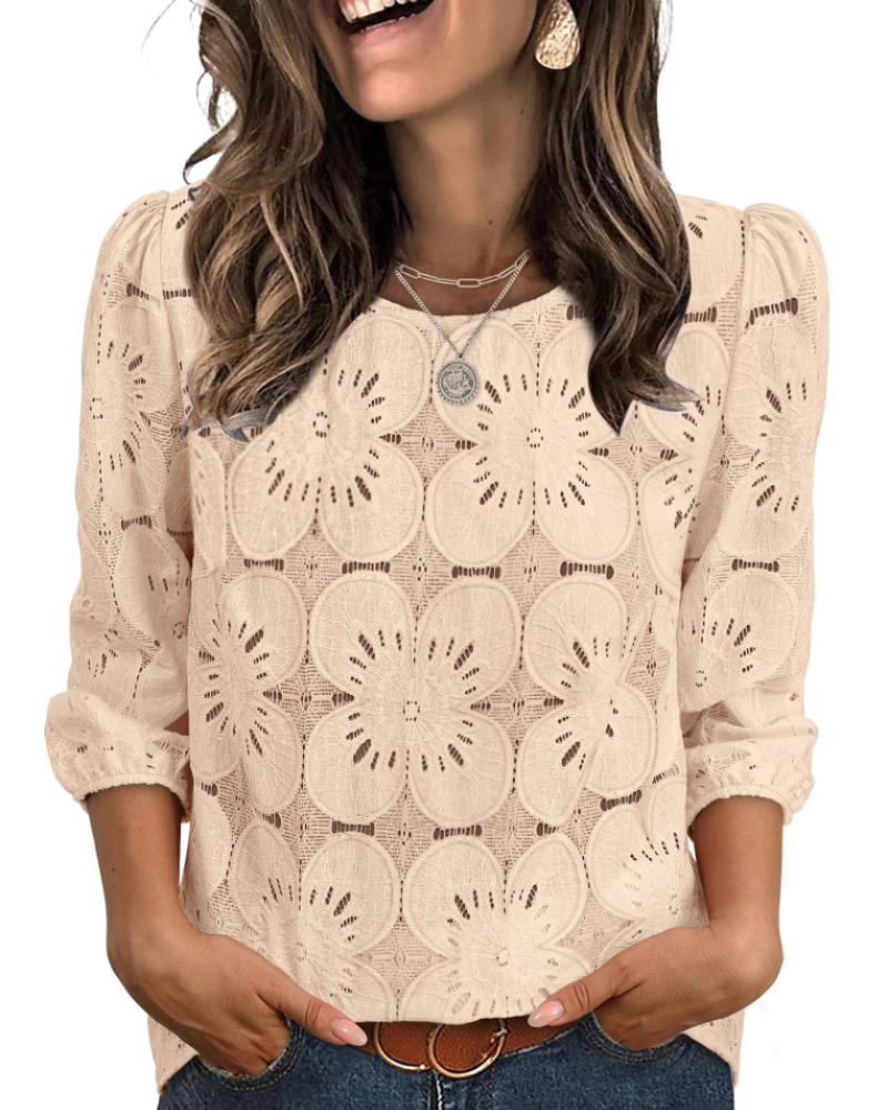 Blusa Nolia Mulher – Top com Ilhós e Mangas 3/4 Volumosas, Estilo Casual Chic Elegante