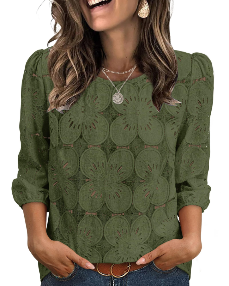 Blusa Nolia Mulher – Top com Ilhós e Mangas 3/4 Volumosas, Estilo Casual Chic Elegante
