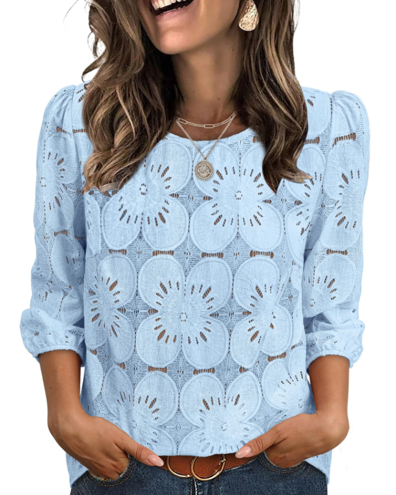 Blusa Nolia Mulher – Top com Ilhós e Mangas 3/4 Volumosas, Estilo Casual Chic Elegante
