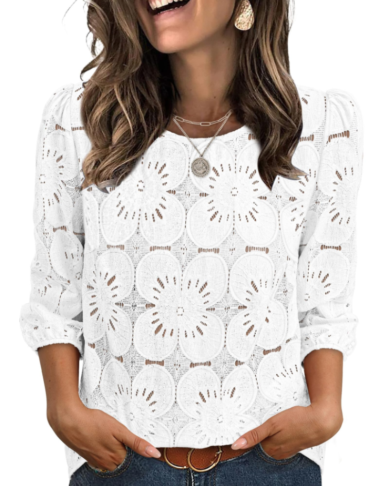 Blusa Nolia Mulher – Top com Ilhós e Mangas 3/4 Volumosas, Estilo Casual Chic Elegante
