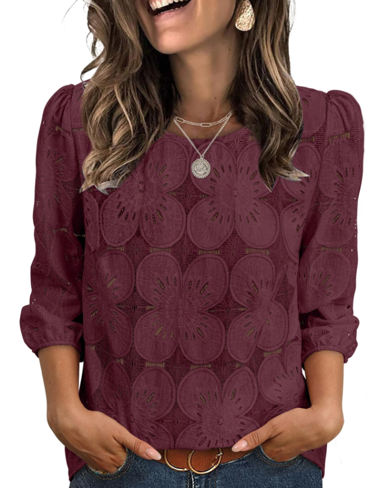Blusa Nolia Mulher – Top com Ilhós e Mangas 3/4 Volumosas, Estilo Casual Chic Elegante