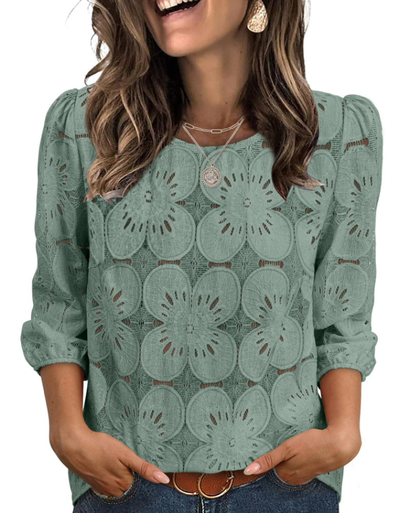 Blusa Nolia Mulher – Top com Ilhós e Mangas 3/4 Volumosas, Estilo Casual Chic Elegante