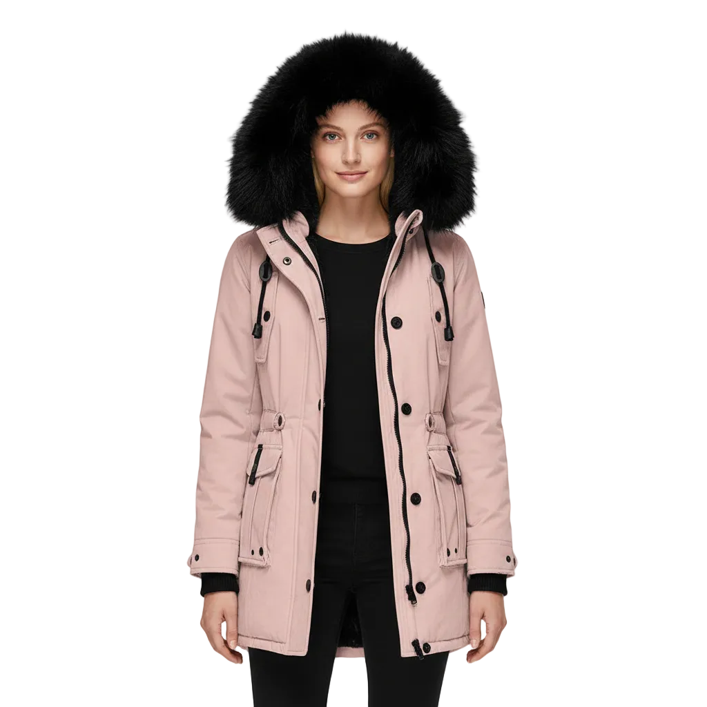 Nori Parka Mulher Elegante – Casaco de Inverno com Capuz e Gola em Pelo Sintético