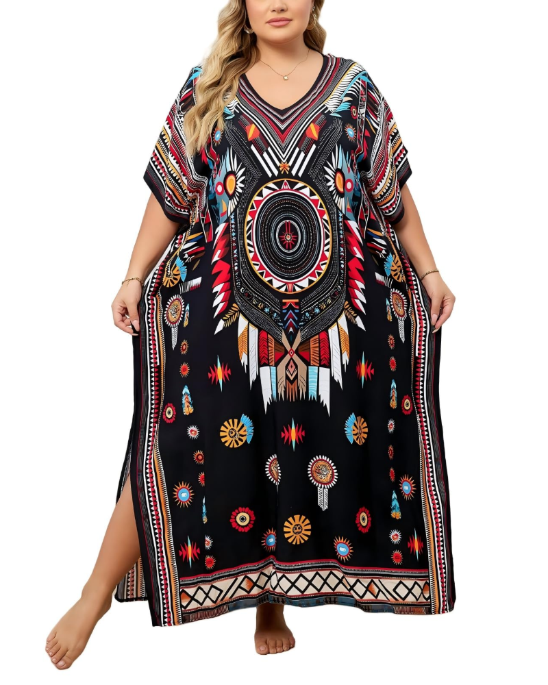 Olive Kaftan Dámský Velký Velikost – Maxi Plážové Šaty Volného Střihu a Bohémský Styl