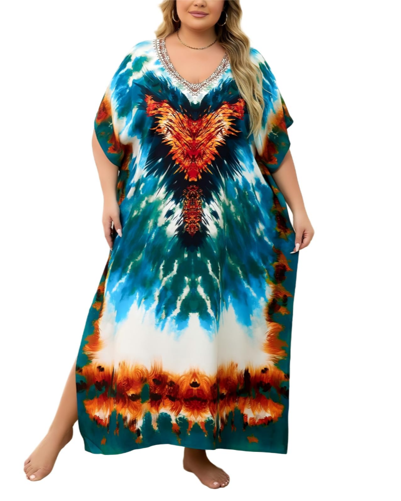 Olive Kaftan Dámský Velký Velikost – Maxi Plážové Šaty Volného Střihu a Bohémský Styl