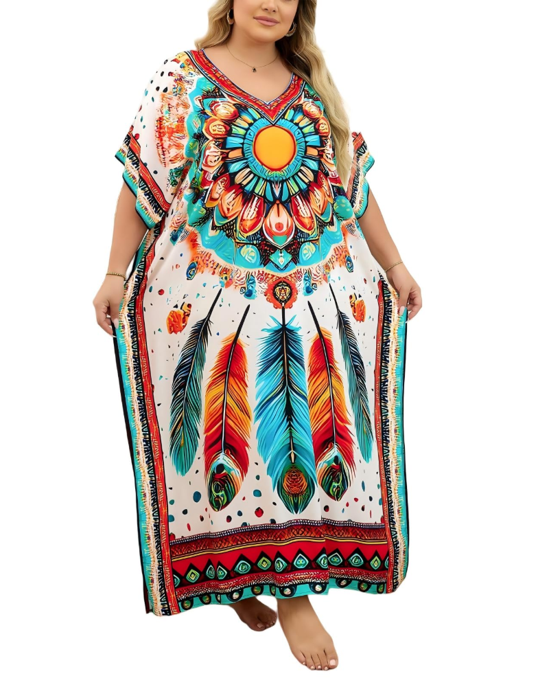 Olive Kaftan Dámský Velký Velikost – Maxi Plážové Šaty Volného Střihu a Bohémský Styl