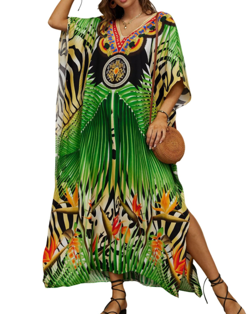 Olive Kaftan Dámský Velký Velikost – Maxi Plážové Šaty Volného Střihu a Bohémský Styl