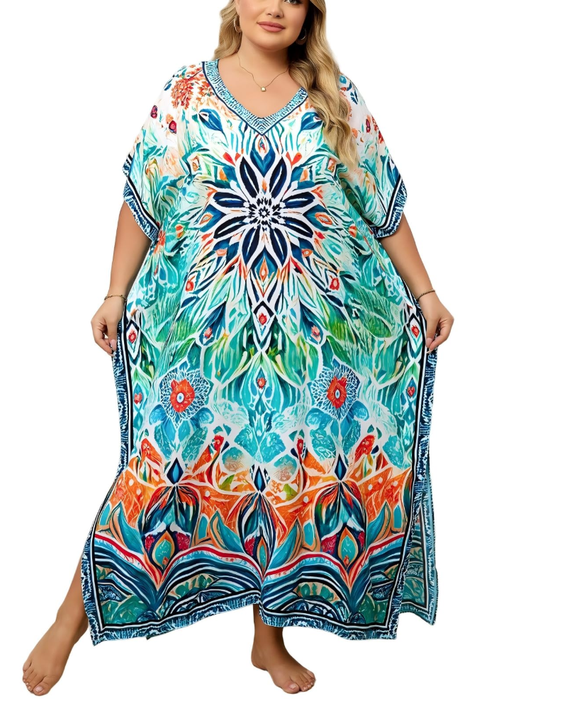 Olive Kaftan Dámský Velký Velikost – Maxi Plážové Šaty Volného Střihu a Bohémský Styl