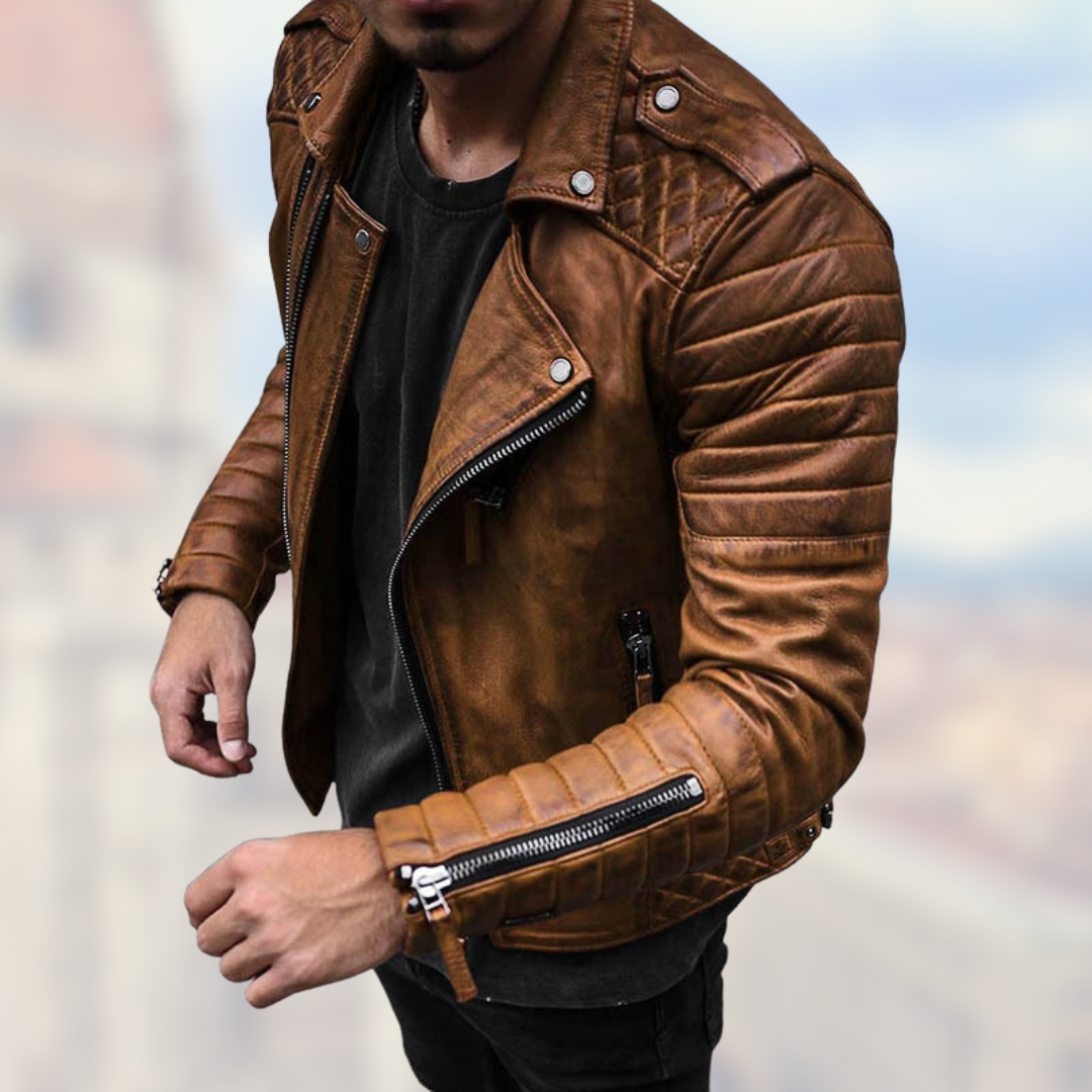 Muška kožna jakna za motocikliste Jake – uski kroj, asimetrični patentni zatvarač i rock stil