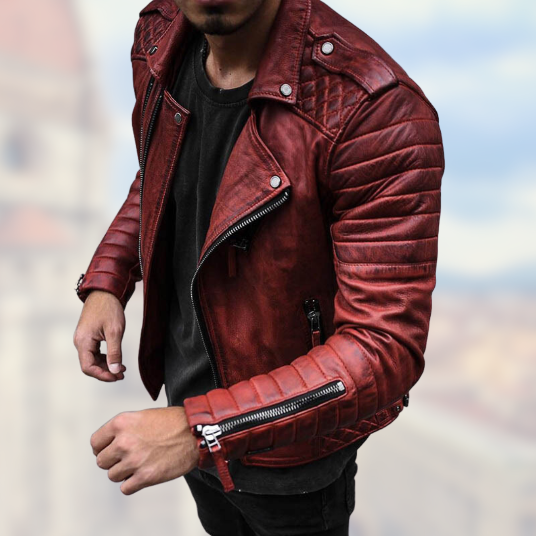 Muška kožna jakna za motocikliste Jake – uski kroj, asimetrični patentni zatvarač i rock stil