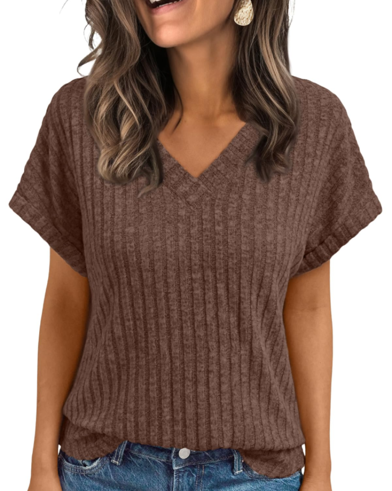 Orla Top Femme – Blusa com Decote em V Elegante de Manga Curta, Corte Fluido Casual Chic