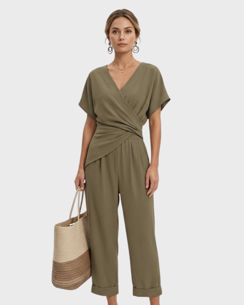 Grace Women's 2-Piece Set – Elegant Wrap Blouse & Flowing Wide-Leg Pants