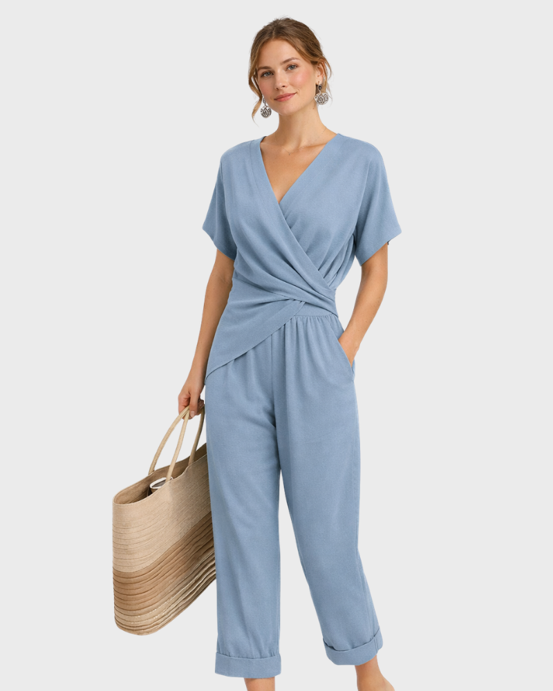 Grace Women's 2-Piece Set – Elegant Wrap Blouse & Flowing Wide-Leg Pants