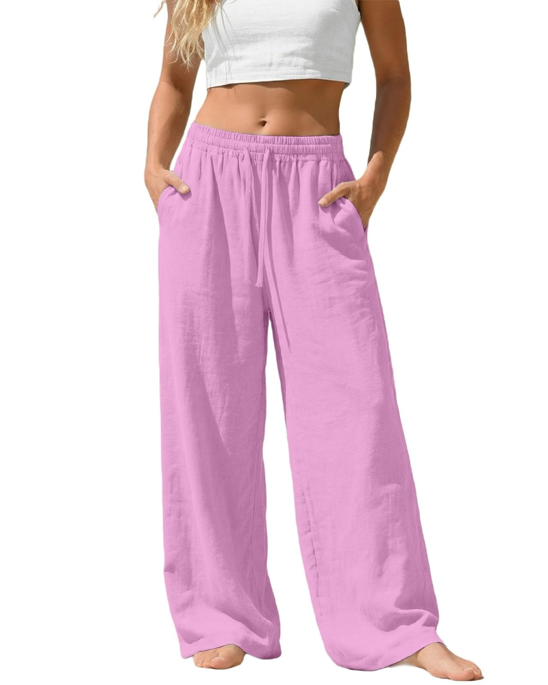 Bella Pantalon Palazzo Femme en Lin – Pantalon Large avec Taille Élastique, Cordon & Poches