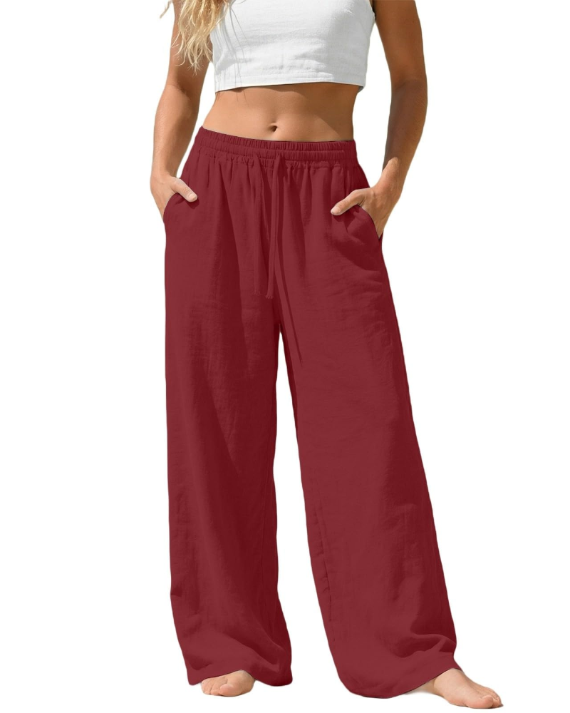 Bella Pantalon Palazzo Femme en Lin – Pantalon Large avec Taille Élastique, Cordon & Poches