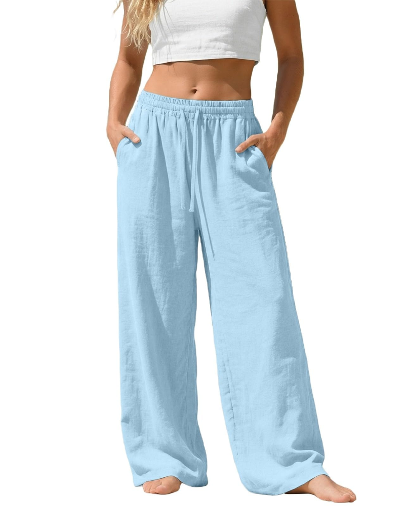 Bella Pantalon Palazzo Femme en Lin – Pantalon Large avec Taille Élastique, Cordon & Poches