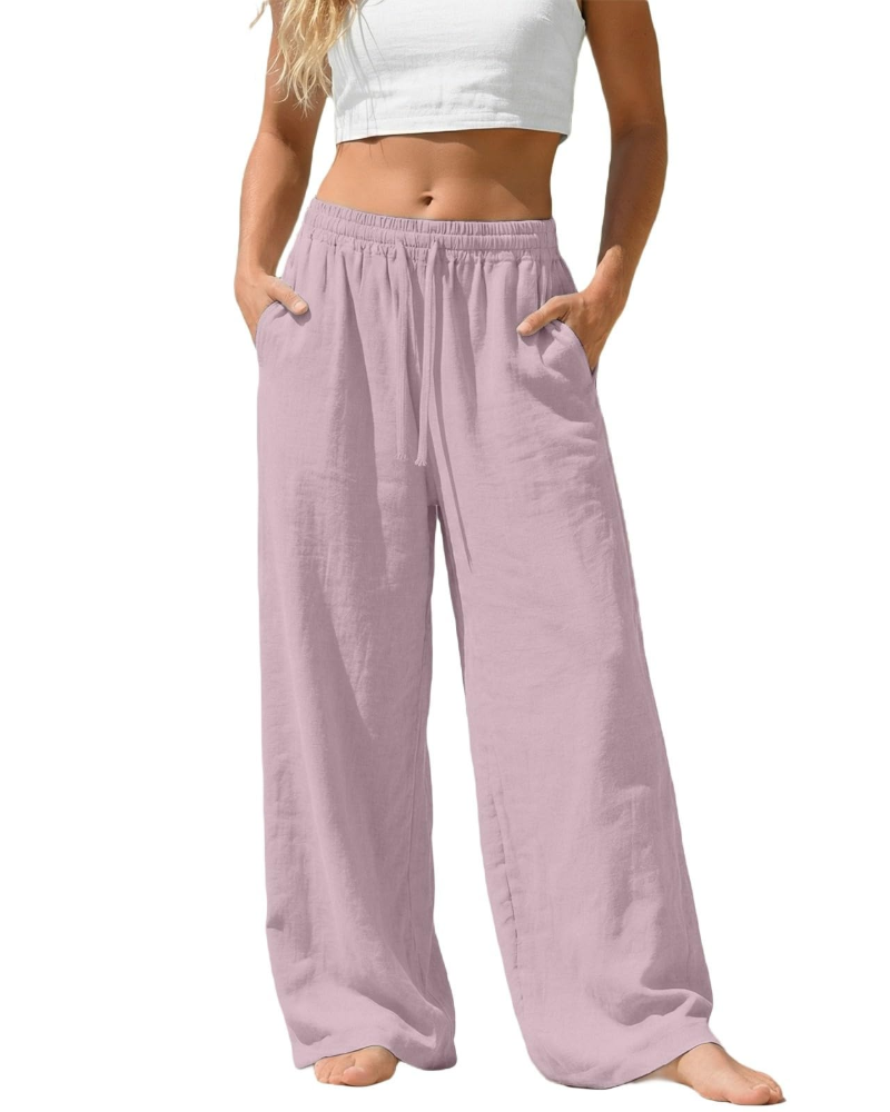 Bella Pantalon Palazzo Femme en Lin – Pantalon Large avec Taille Élastique, Cordon & Poches
