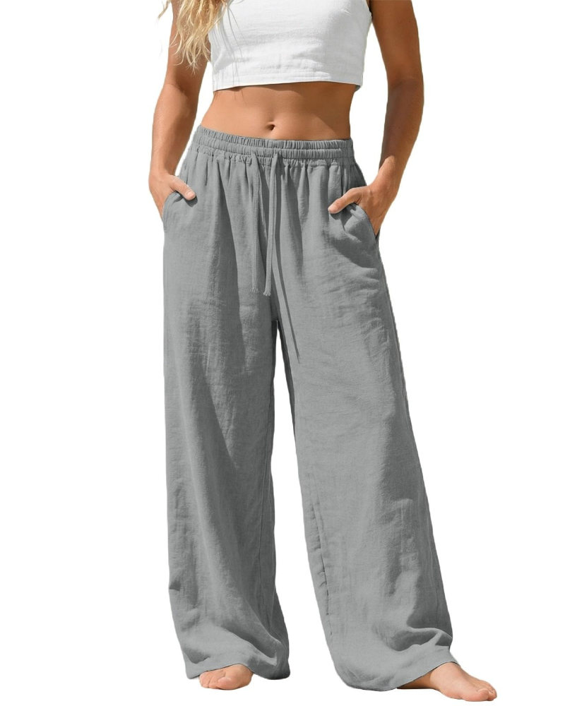 Bella Pantalon Palazzo Femme en Lin – Pantalon Large avec Taille Élastique, Cordon & Poches