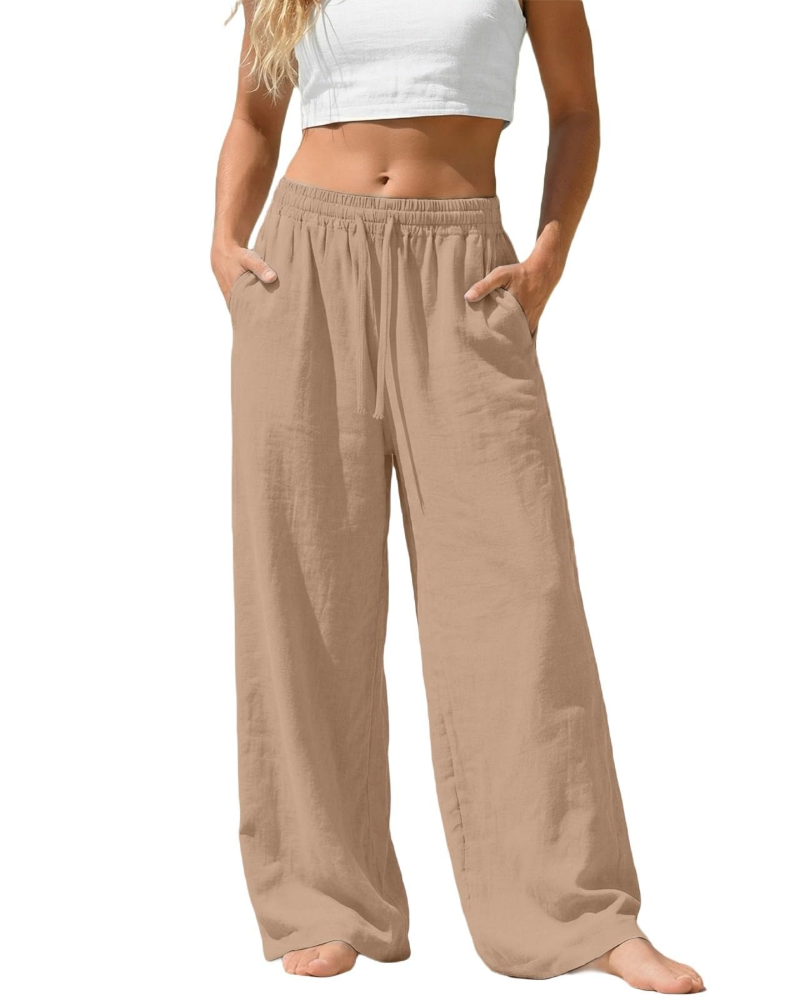 Bella Pantalon Palazzo Femme en Lin – Pantalon Large avec Taille Élastique, Cordon & Poches