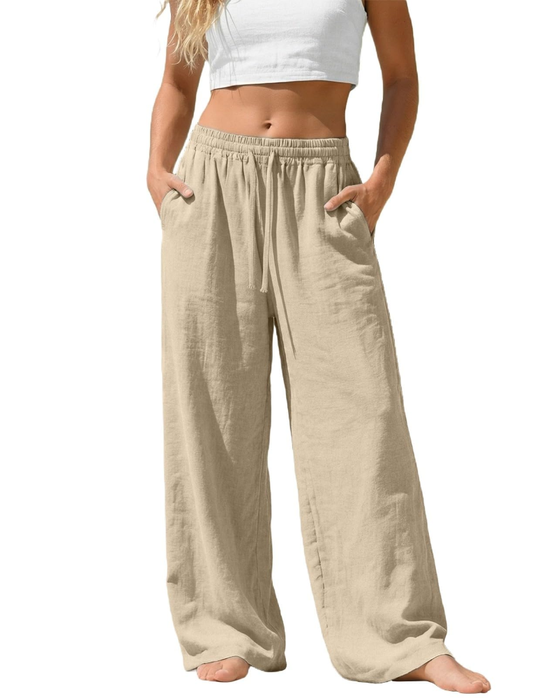 Bella Pantalon Palazzo Femme en Lin – Pantalon Large avec Taille Élastique, Cordon & Poches