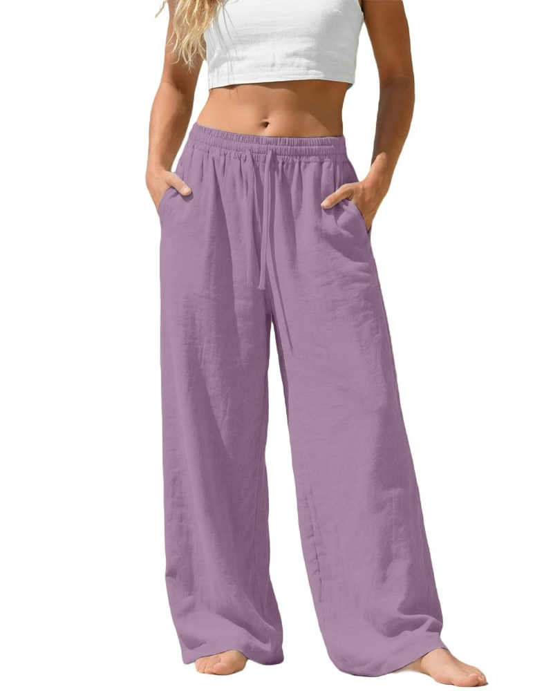 Bella Pantalon Palazzo Femme en Lin – Pantalon Large avec Taille Élastique, Cordon & Poches