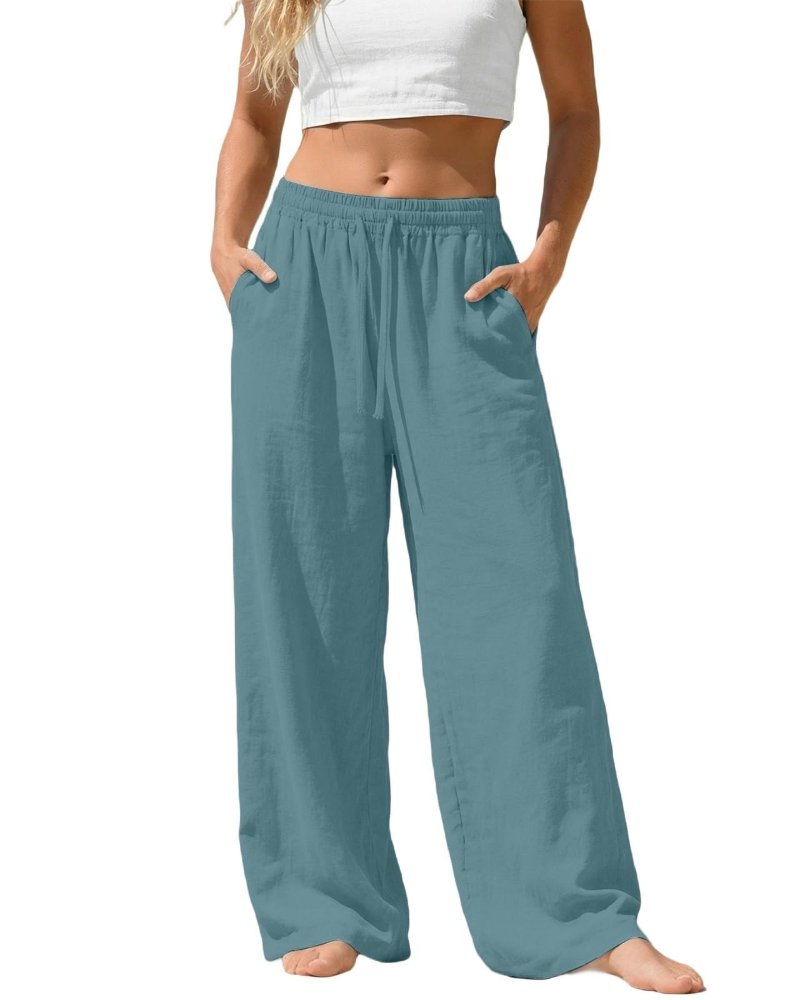 Bella Pantalon Palazzo Femme en Lin – Pantalon Large avec Taille Élastique, Cordon & Poches