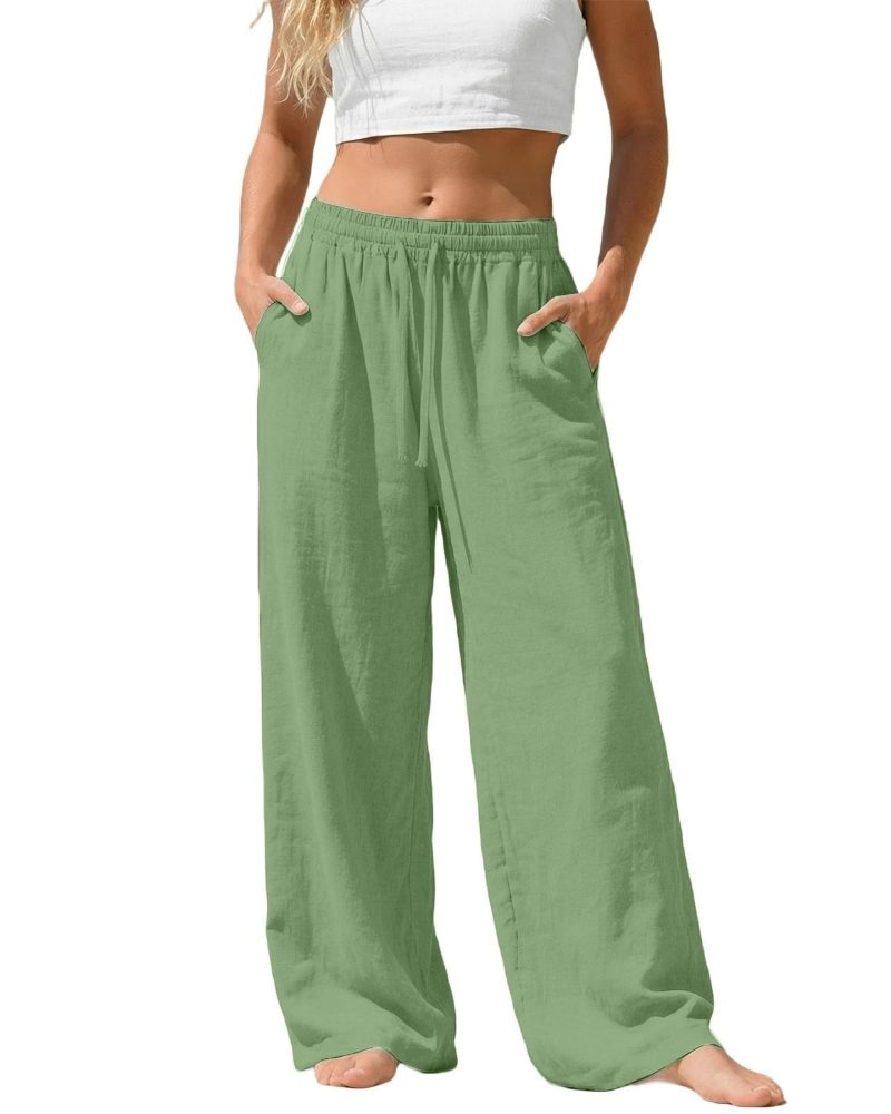 Bella Pantalon Palazzo Femme en Lin – Pantalon Large avec Taille Élastique, Cordon & Poches