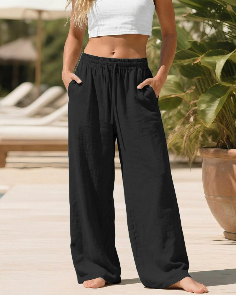 Bella Pantalon Palazzo Femme en Lin – Pantalon Large avec Taille Élastique, Cordon & Poches