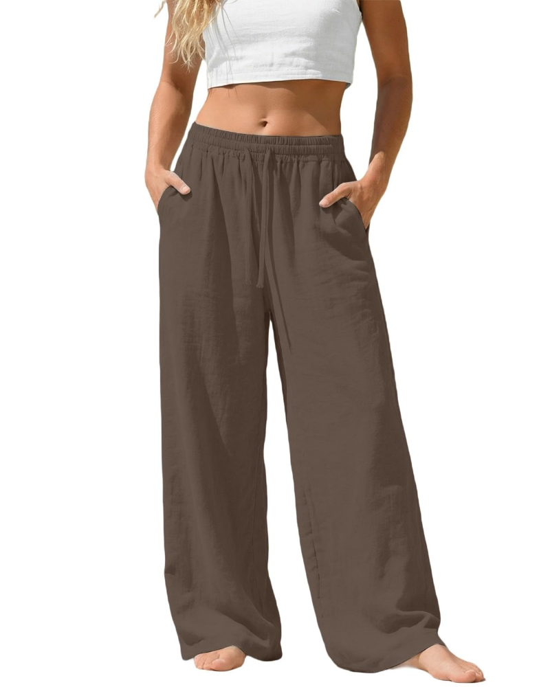 Bella Pantalon Palazzo Femme en Lin – Pantalon Large avec Taille Élastique, Cordon & Poches