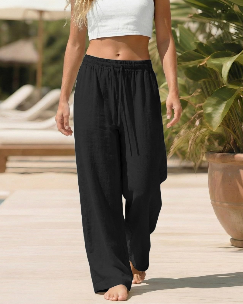 Bella Pantalon Palazzo Femme en Lin – Pantalon Large avec Taille Élastique, Cordon & Poches