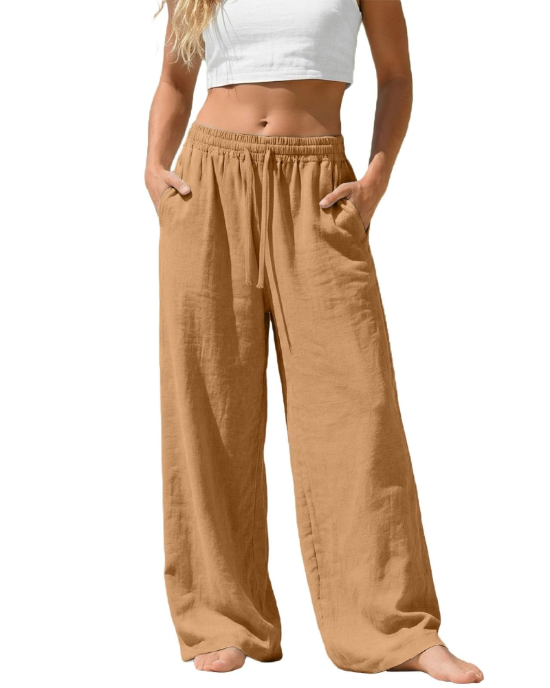 Bella Pantalon Palazzo Femme en Lin – Pantalon Large avec Taille Élastique, Cordon & Poches