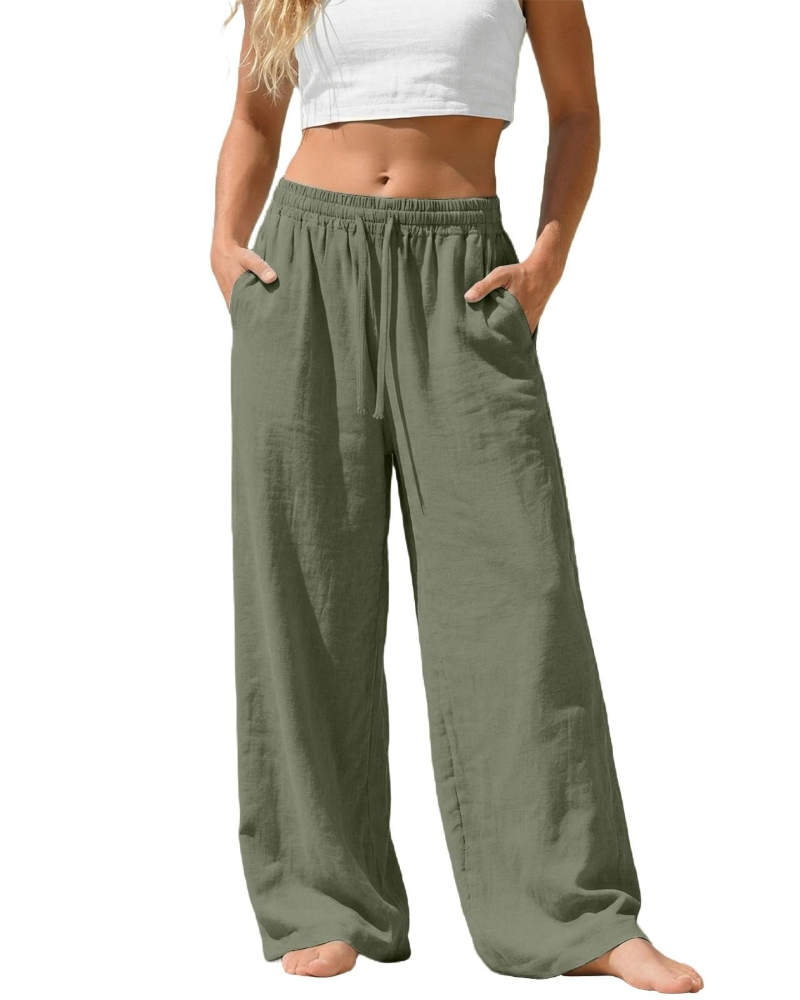 Bella Pantalon Palazzo Femme en Lin – Pantalon Large avec Taille Élastique, Cordon & Poches