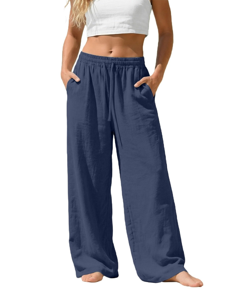 Bella Pantalon Palazzo Femme en Lin – Pantalon Large avec Taille Élastique, Cordon & Poches