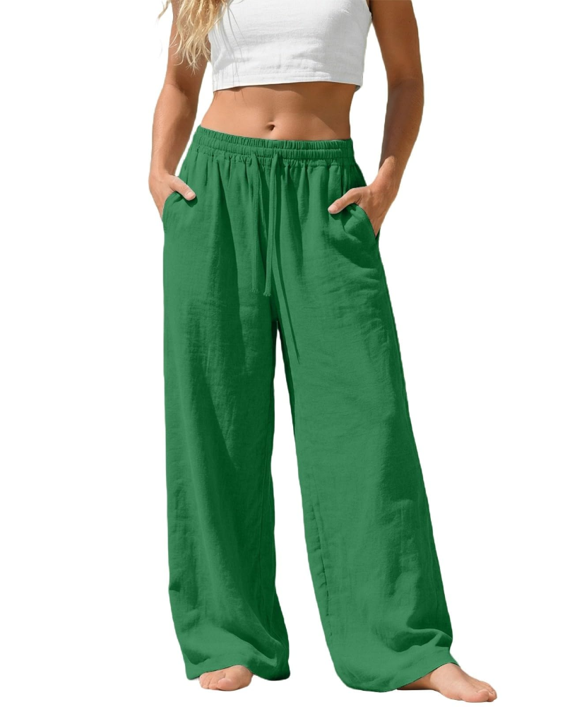 Bella Pantalon Palazzo Femme en Lin – Pantalon Large avec Taille Élastique, Cordon & Poches