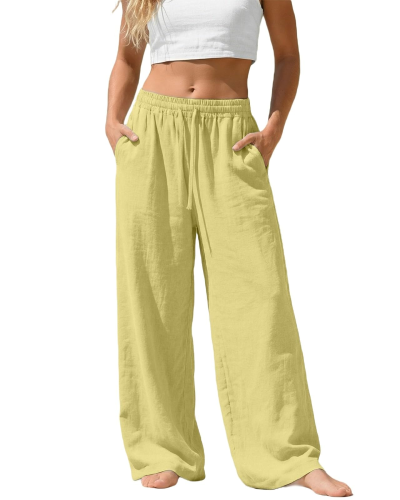 Bella Pantalon Palazzo Femme en Lin – Pantalon Large avec Taille Élastique, Cordon & Poches