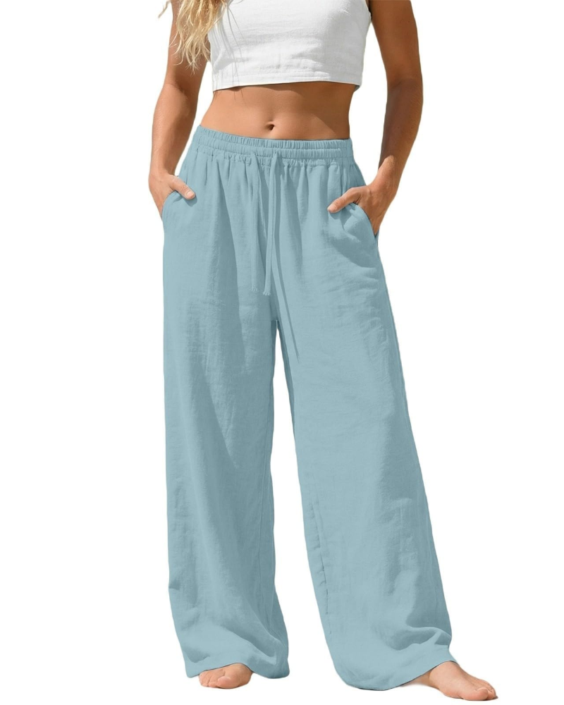 Bella Pantalon Palazzo Femme en Lin – Pantalon Large avec Taille Élastique, Cordon & Poches