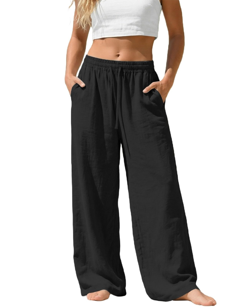 Bella Pantalon Palazzo Femme en Lin – Pantalon Large avec Taille Élastique, Cordon & Poches