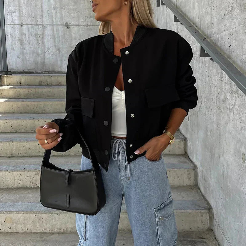 Paula Casaco Bomber Mulher – Estilo Curto com Bolsos com Aba & Visual Urbano na Moda