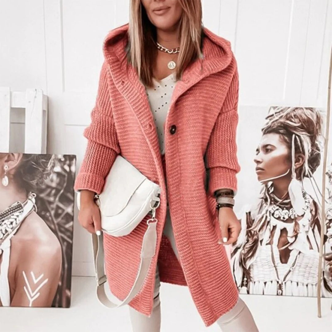 Madilyn Long Gilet en Maille pour Femme – Měkká mikina s kapucí a zapínáním na knoflíky