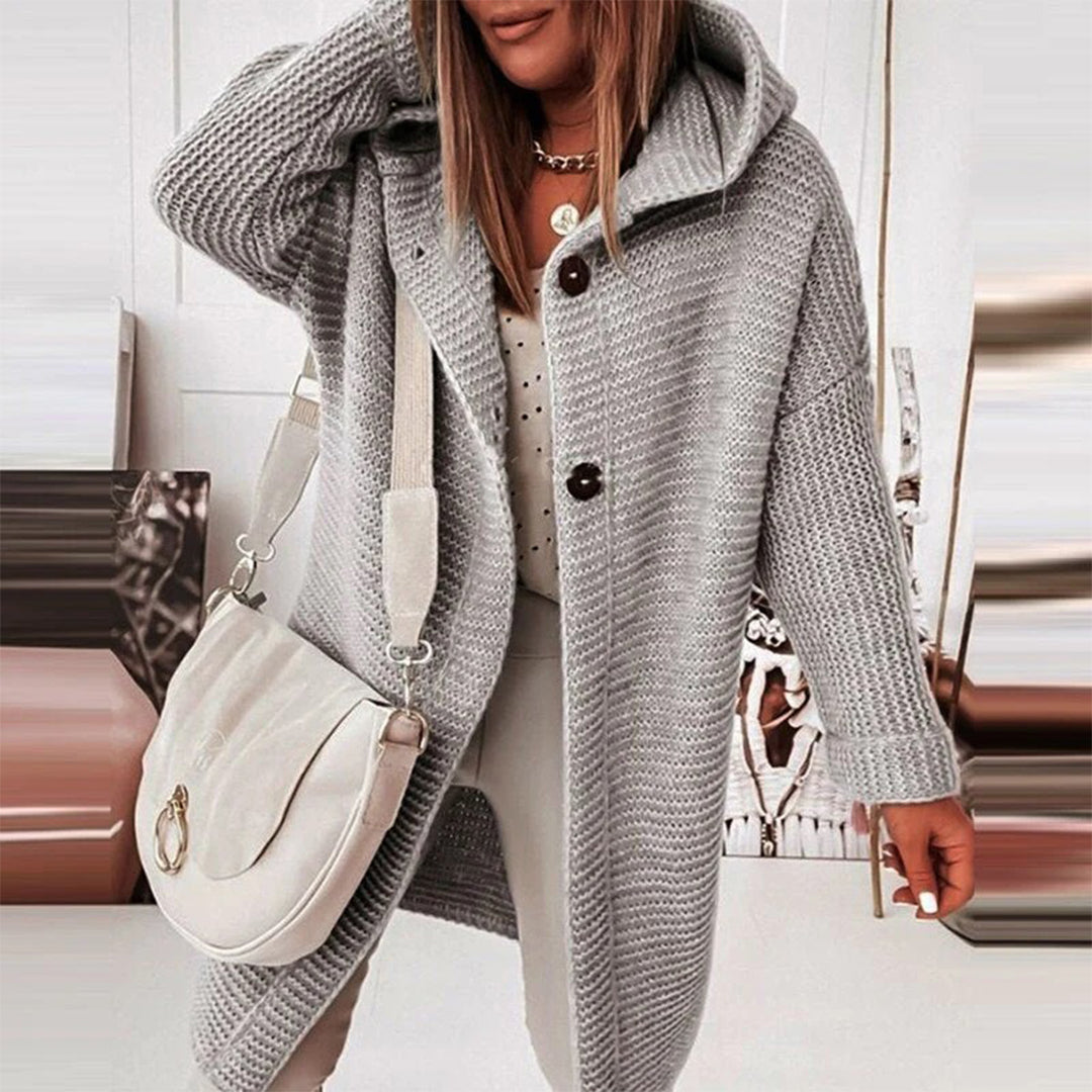 Madilyn Long Gilet en Maille pour Femme – Měkká mikina s kapucí a zapínáním na knoflíky