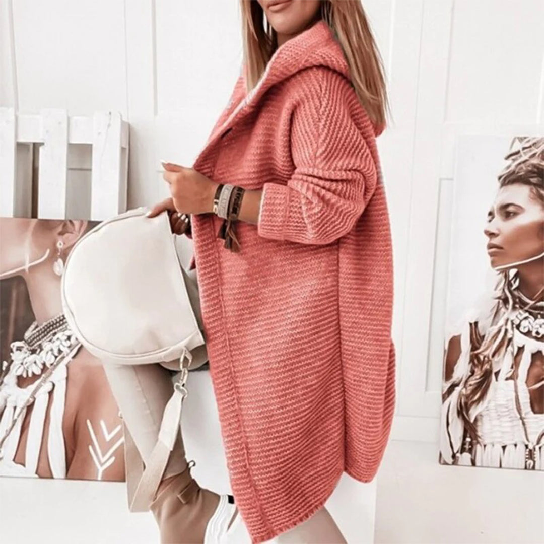 Madilyn Long Gilet en Maille pour Femme – Měkká mikina s kapucí a zapínáním na knoflíky