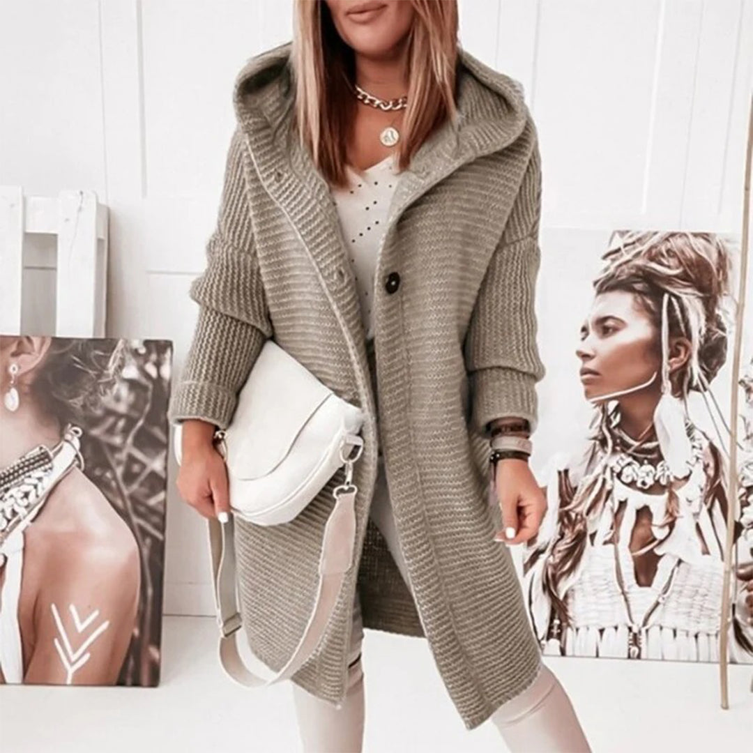 Madilyn Long Gilet en Maille pour Femme – Měkká mikina s kapucí a zapínáním na knoflíky